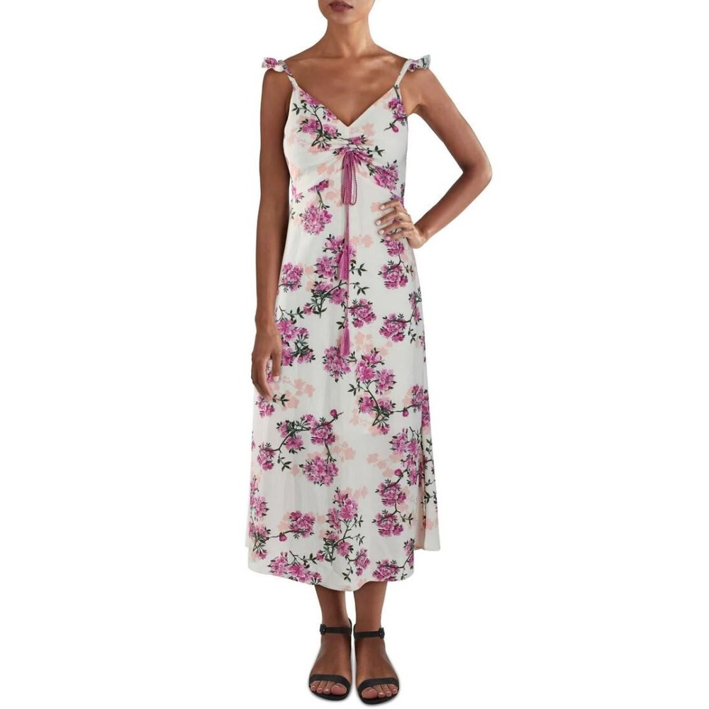 Amelia New York Women Floral A-Line Dress Cream White Pink Sleeveless 10